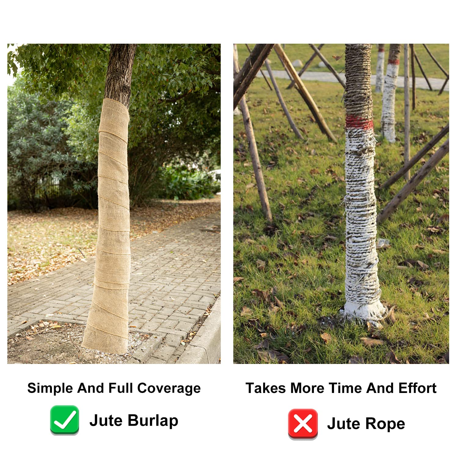Burlap wrap showing humidity resistance around a trunk