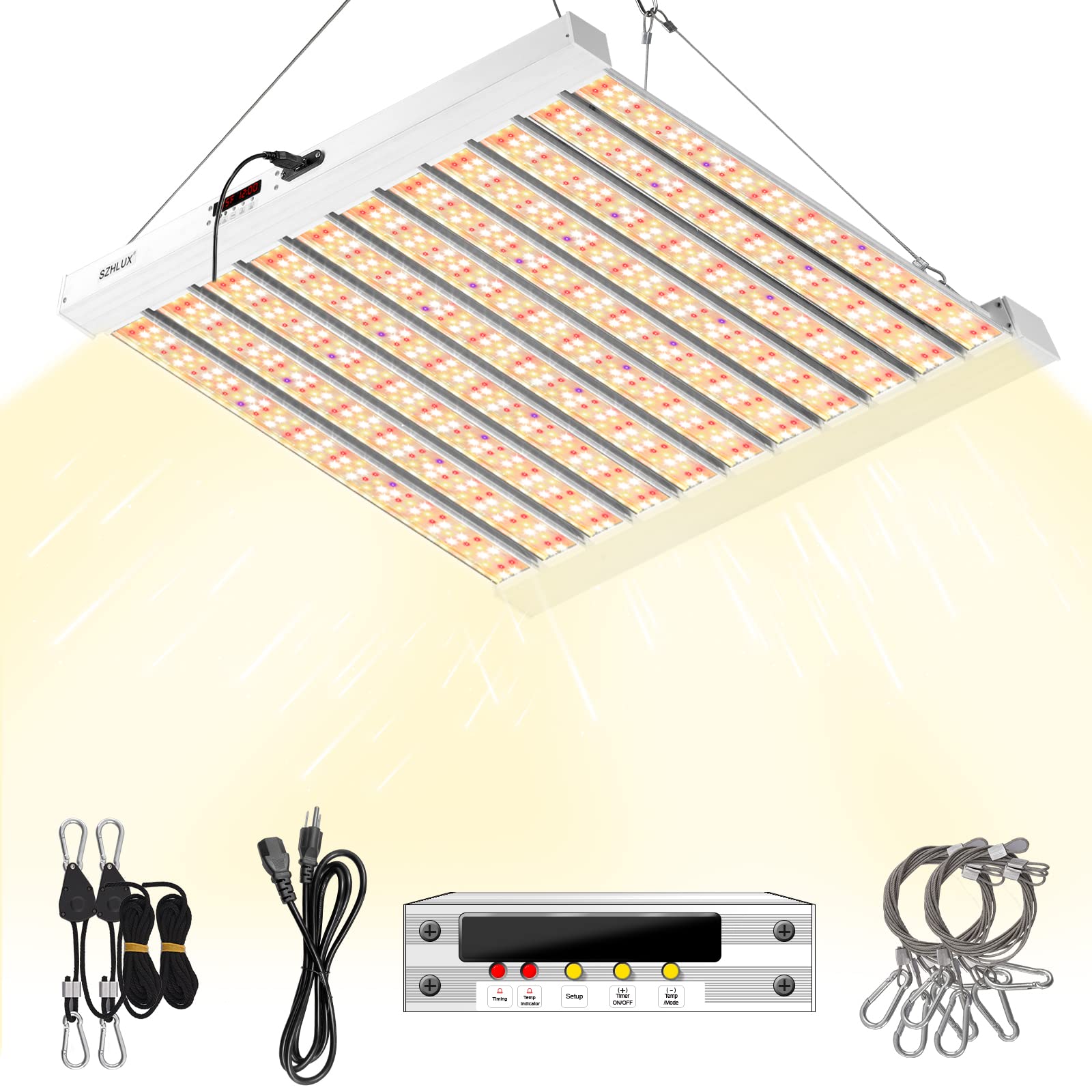 SZHLUX 500W grow light front view highlighting even light distribution for uniform seedling growth