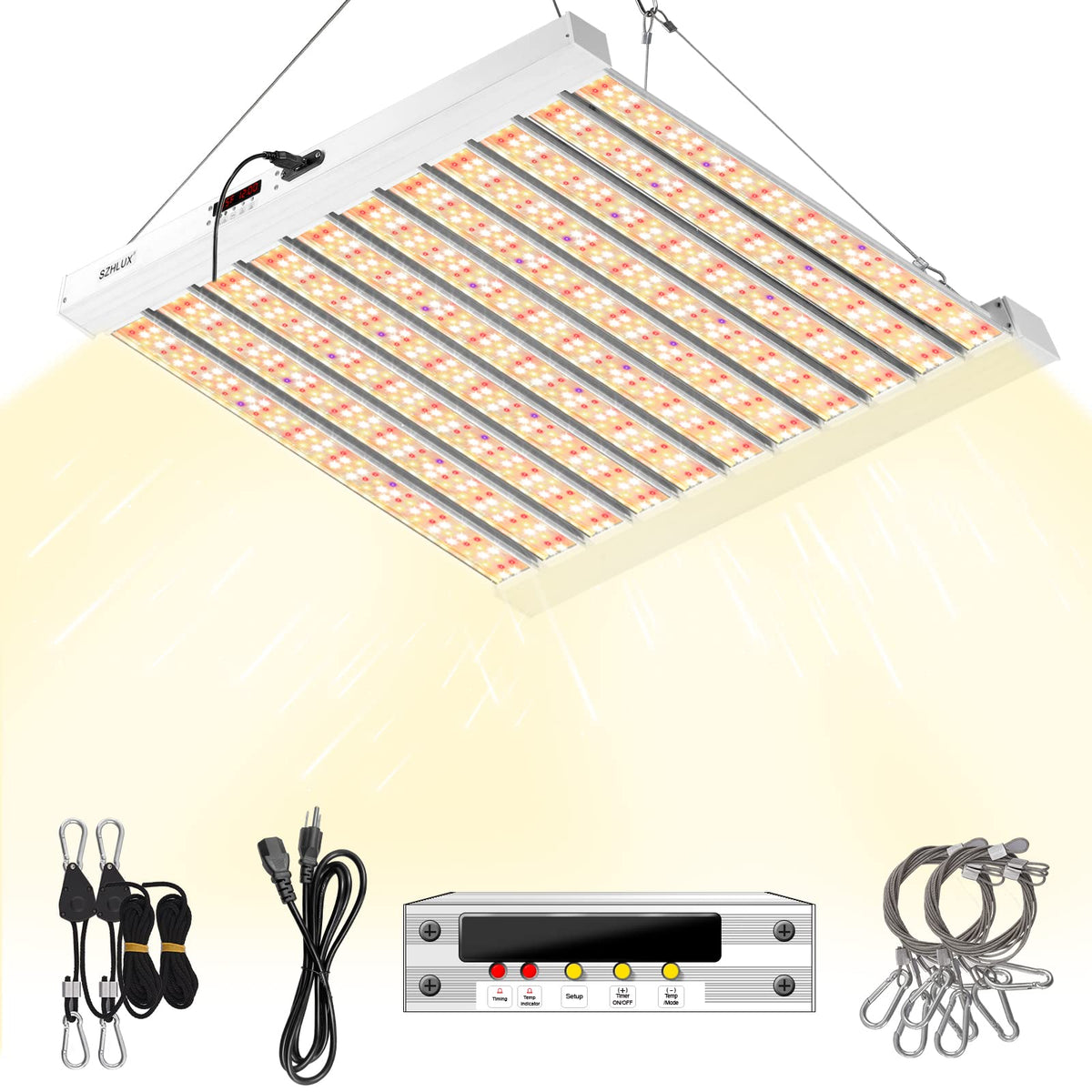 SZHLUX 500W grow light front view highlighting even light distribution for uniform seedling growth