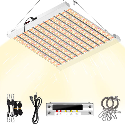 SZHLUX 500W grow light front view highlighting even light distribution for uniform seedling growth