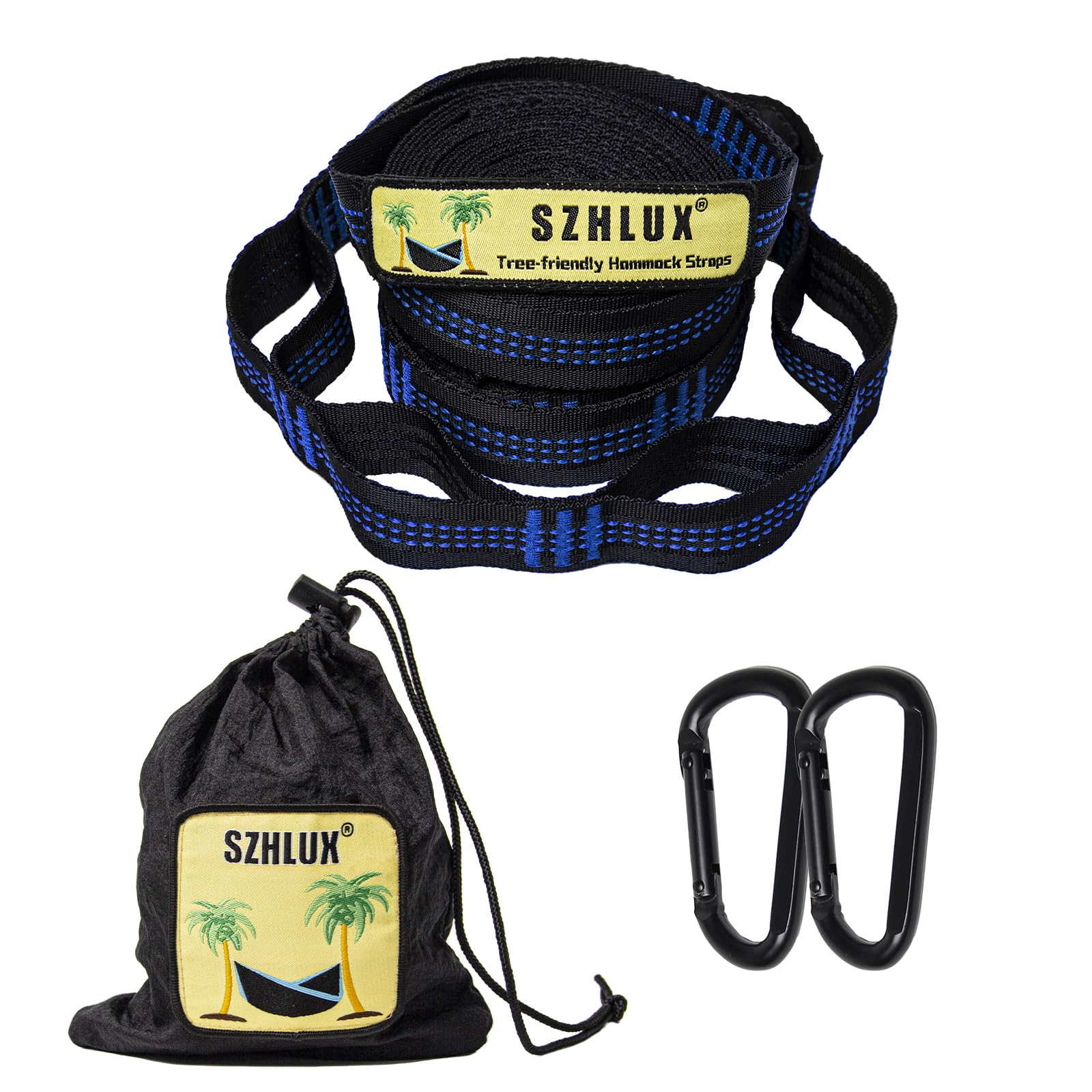 SZHLUX hammock straps with carabiners and carry bag for quick, secure setup.
