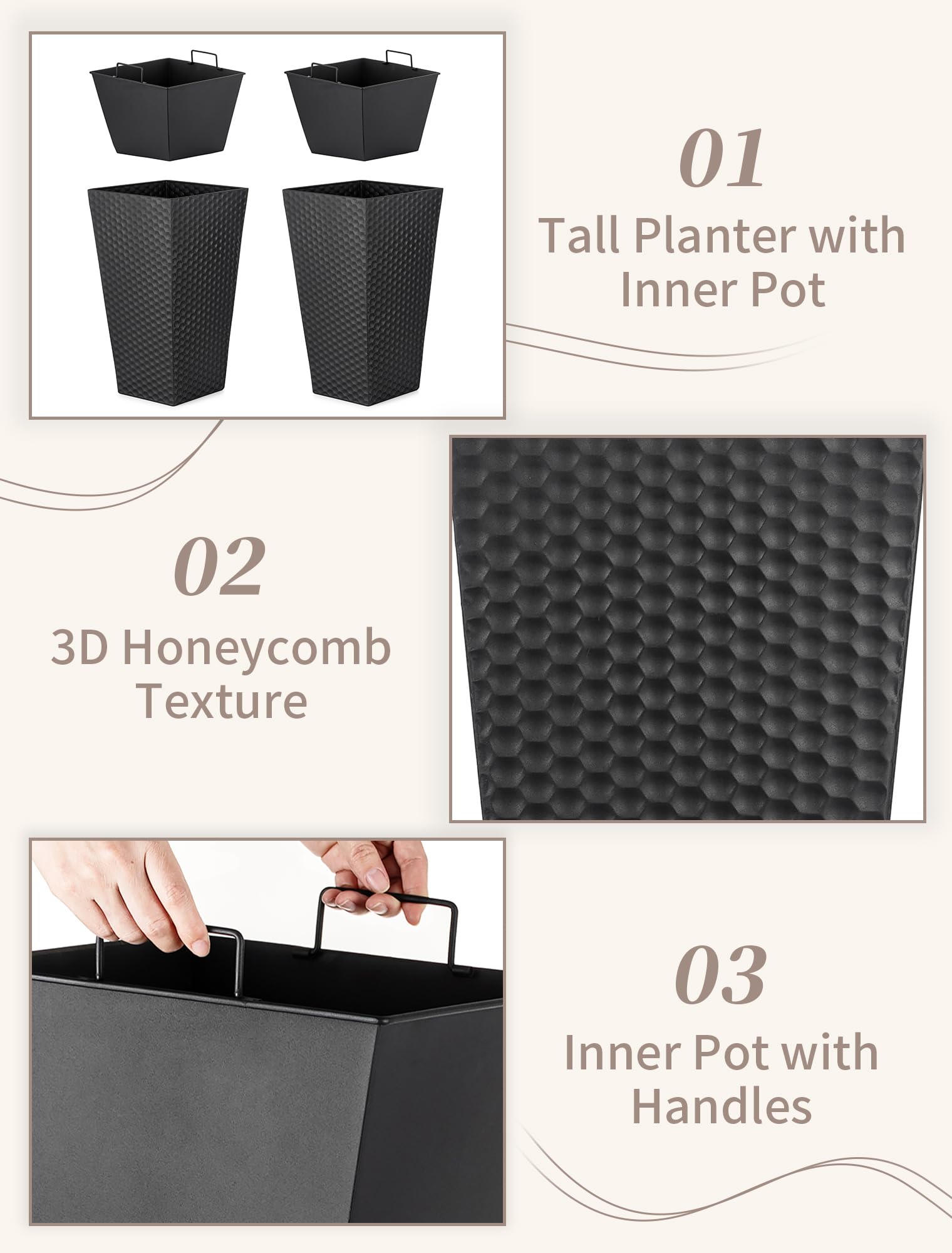 Sziqiqi Tall Planter drainage holes promote water management and root airflow outdoors.