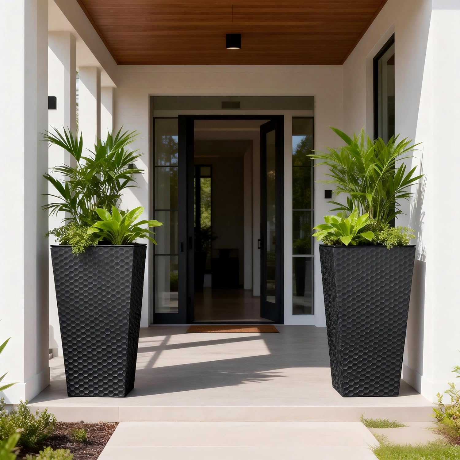 Sziqiqi Tall Planter outer pot view shows durable metal construction for outdoor use.