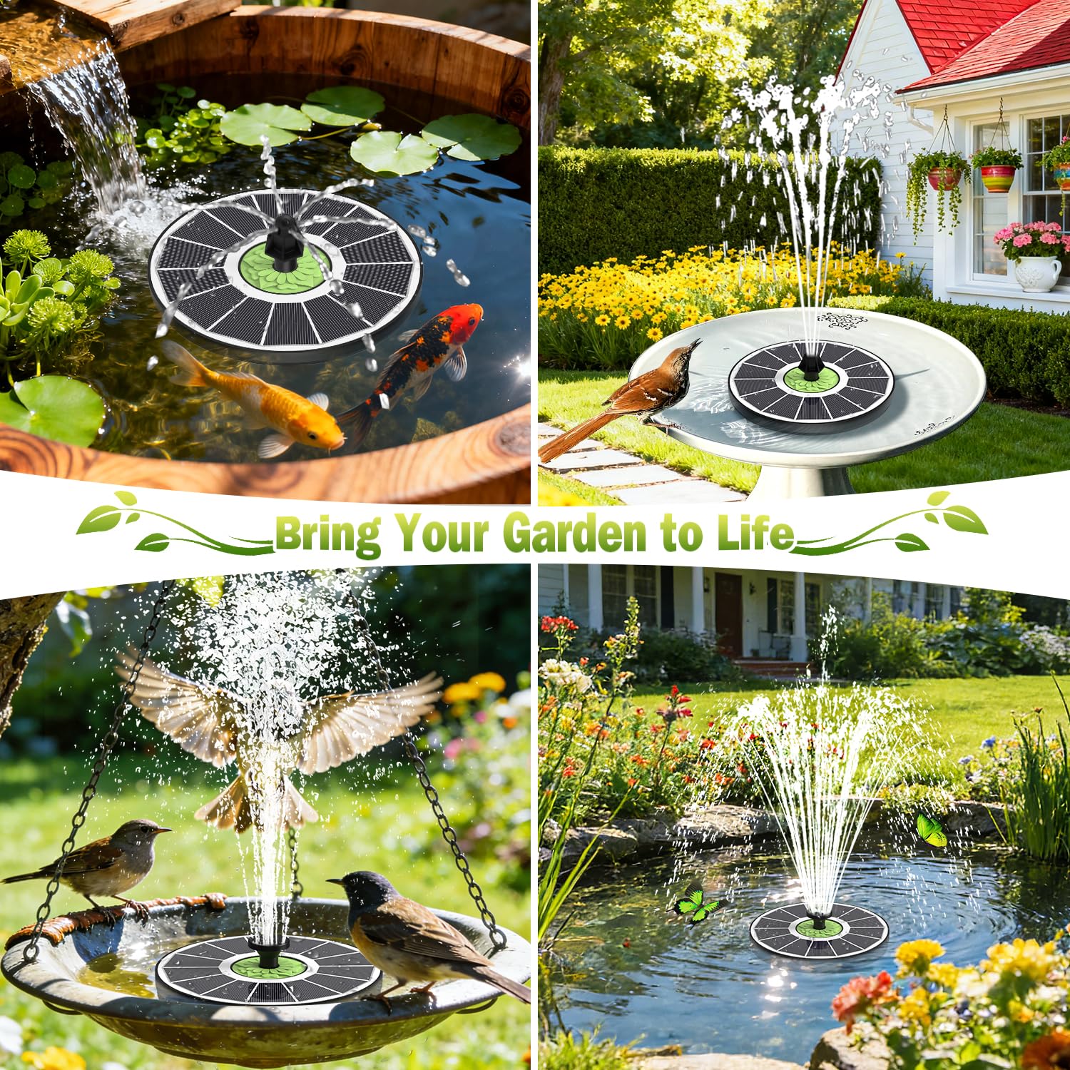SZMP bird-bath fountain enhances garden charm with varied spray patterns