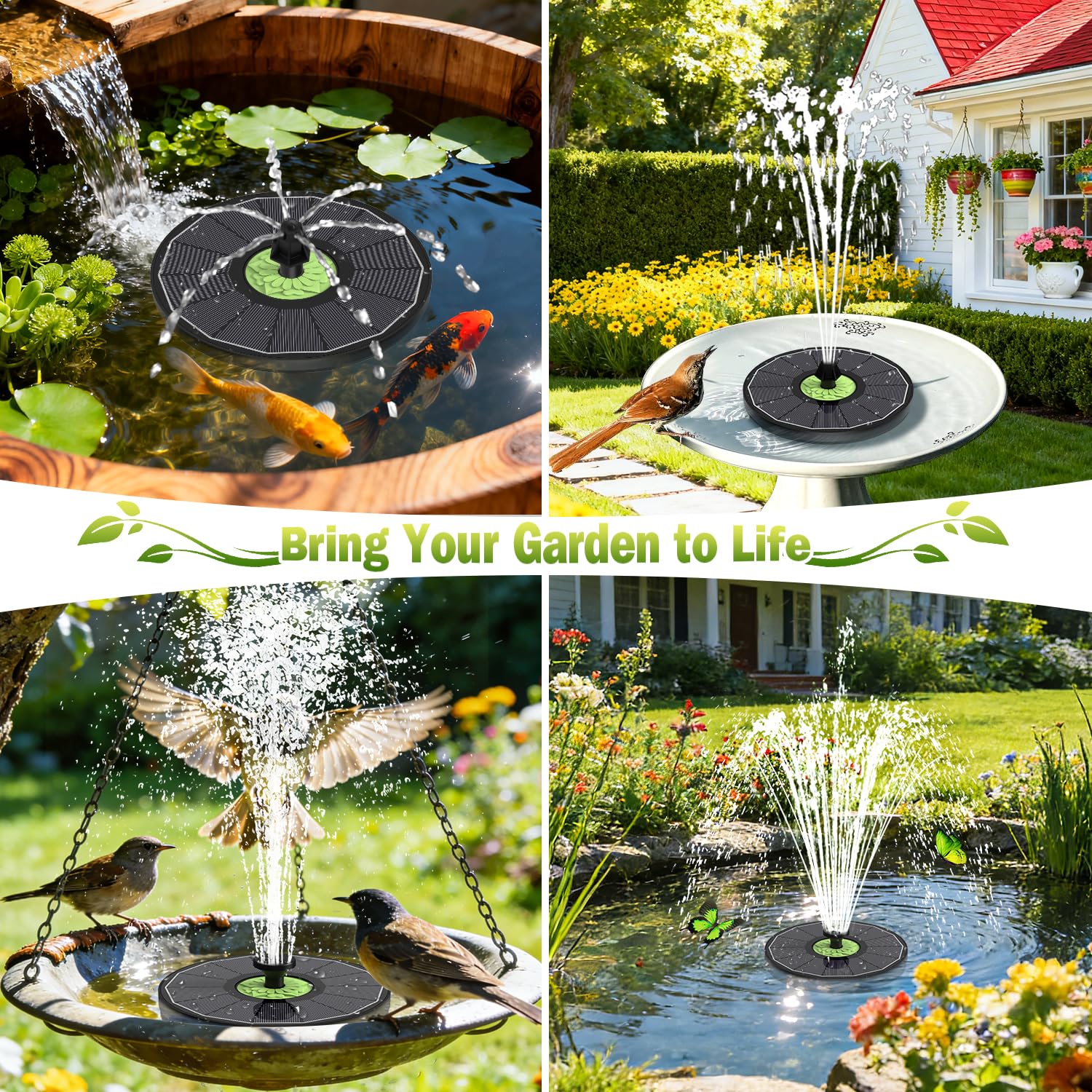 SZMP bird bath fountain creates lively displays in sun.