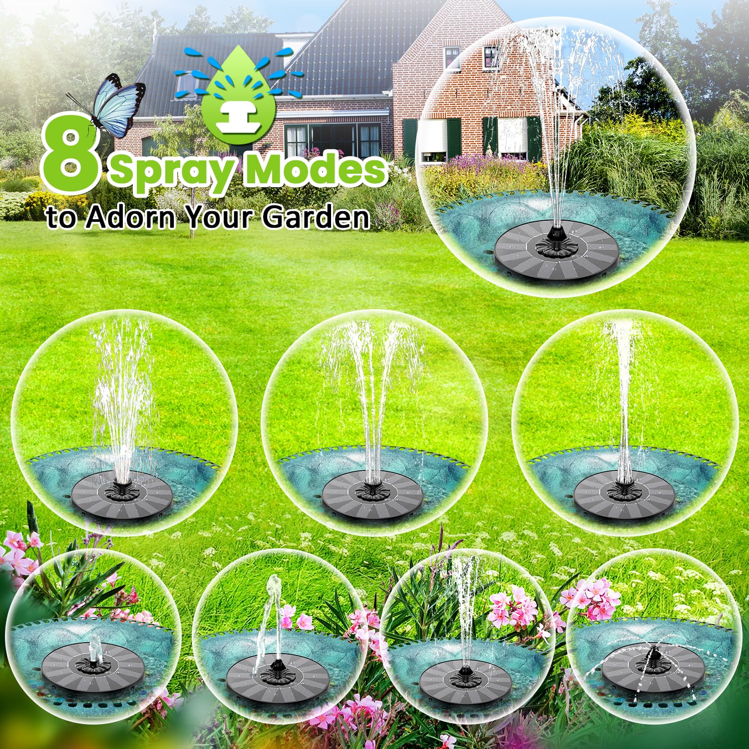 SZMP Solar Fountain 7-nozzle spray pattern outdoors to customize garden ambiance.