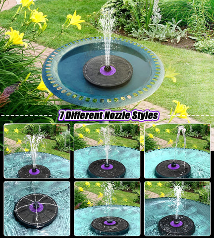 SZMP solar fountain showcasing seven spray styles for customizable pond and bird bath art.