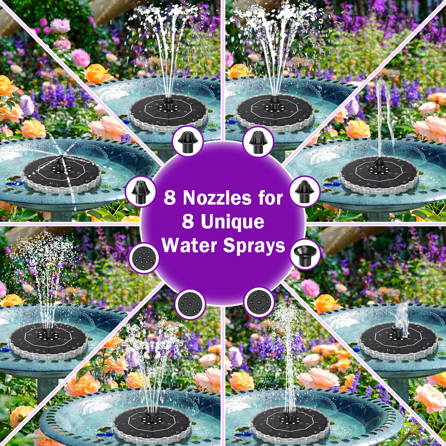 SZMP solar fountain lights at night for a vivid garden display.