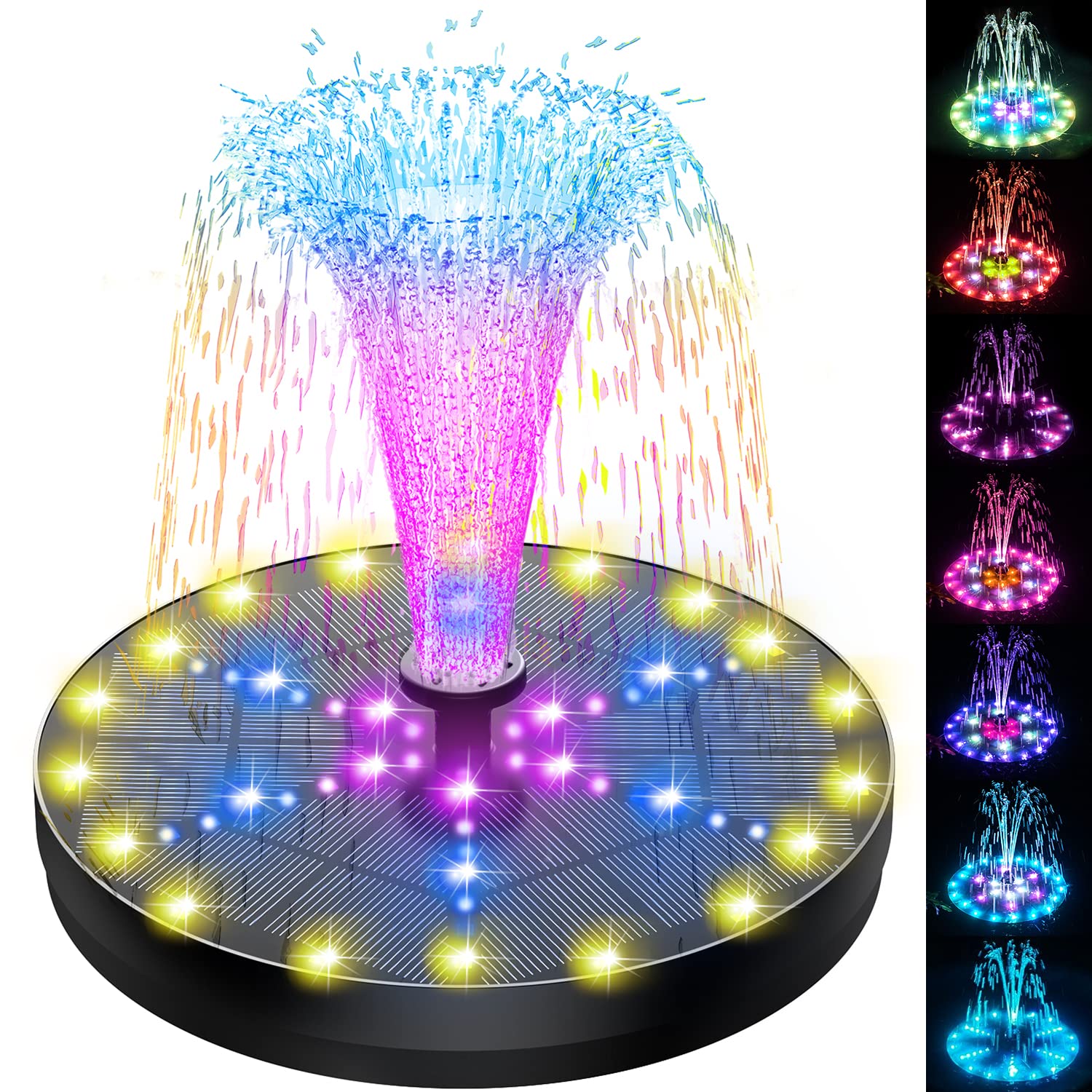 SZMP solar fountain with 60 LED lights illuminating a night garden.