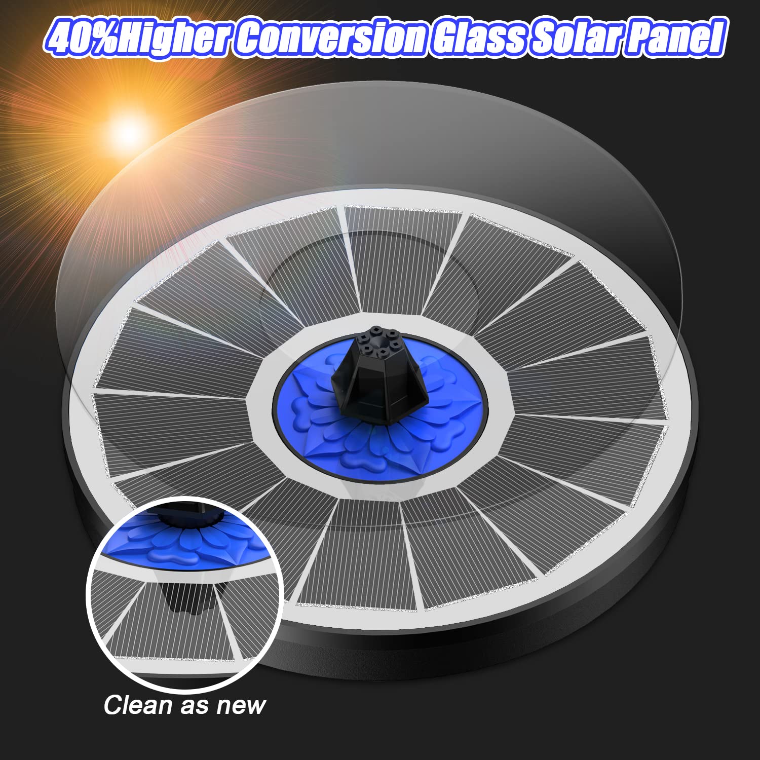SZMP solar fountain 7-in-1 nozzles create varied water sprays for ambience