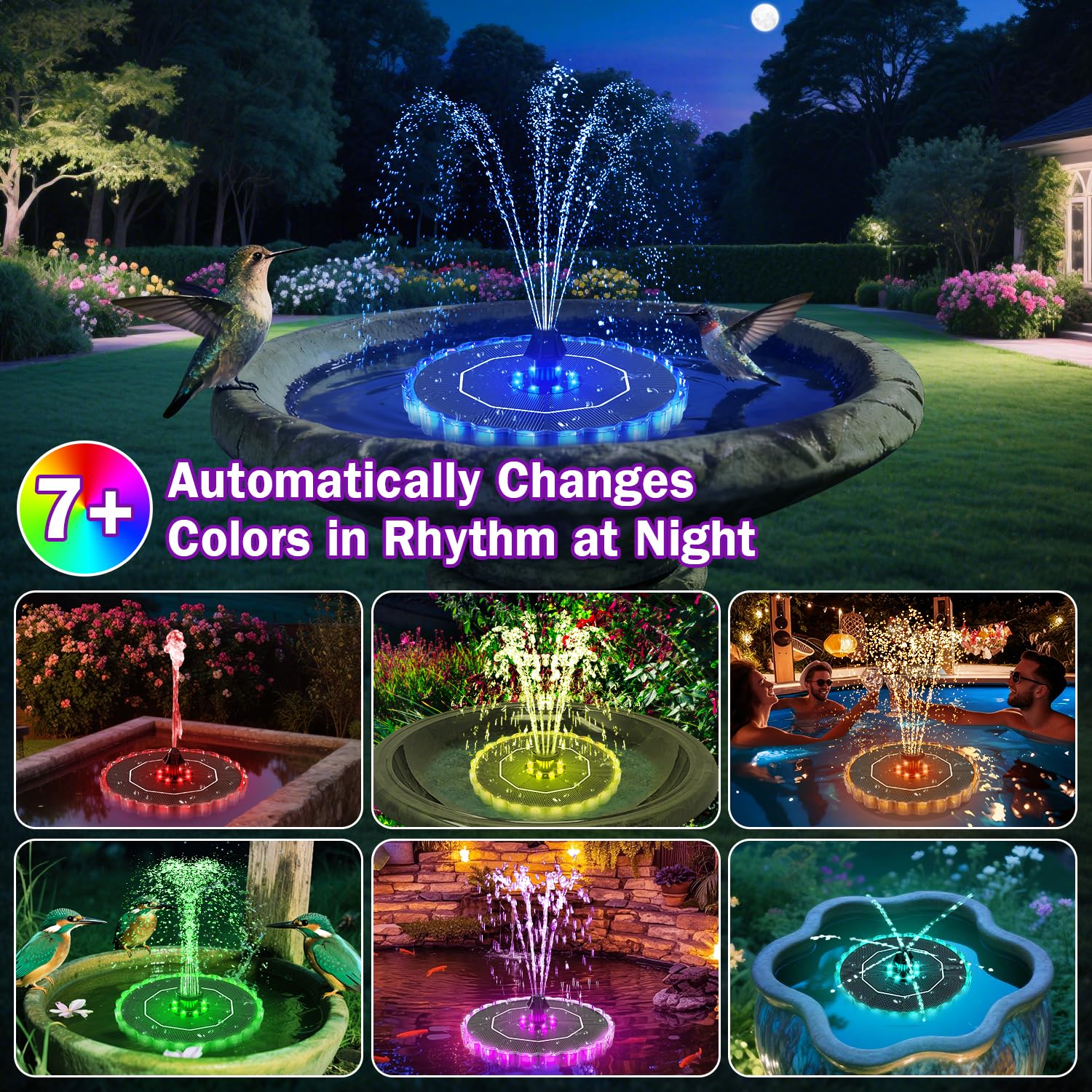 SZMP solar fountain with eight nozzle patterns for versatile water displays.