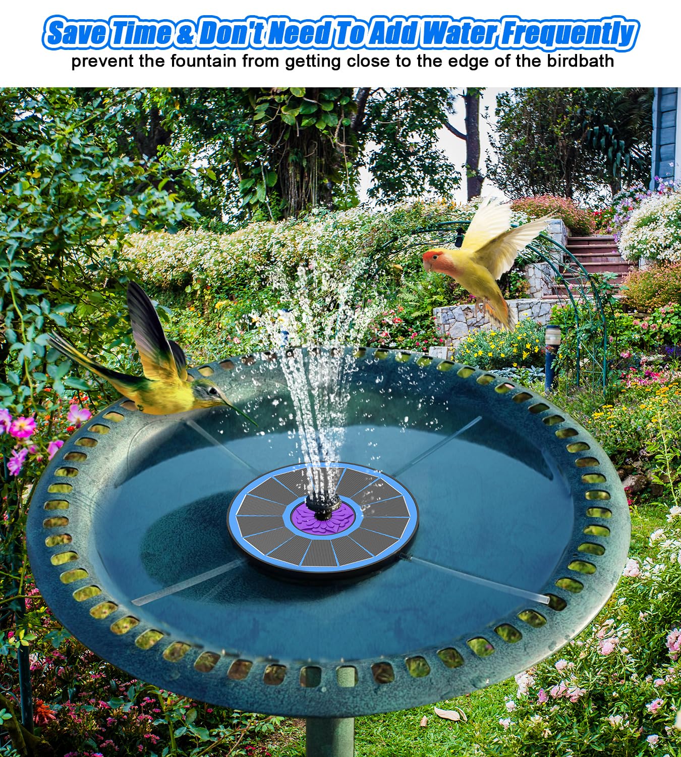 SZMP bird bath fountain in a garden attracting birds while circulating water.