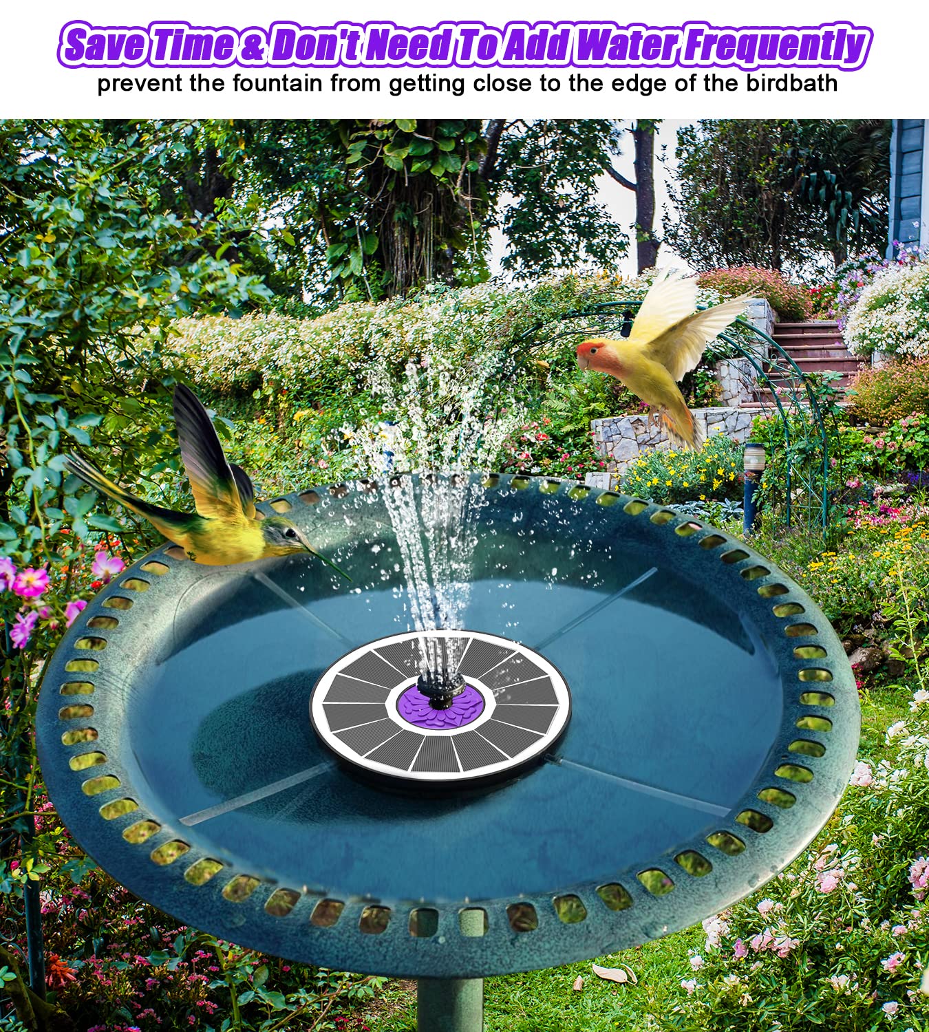 SZMP Solar Fountain creates a lively bird bath scene in the garden.