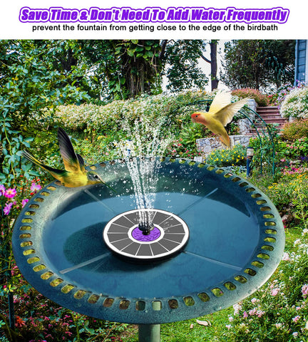 SZMP Solar Fountain creates a lively bird bath scene in the garden.