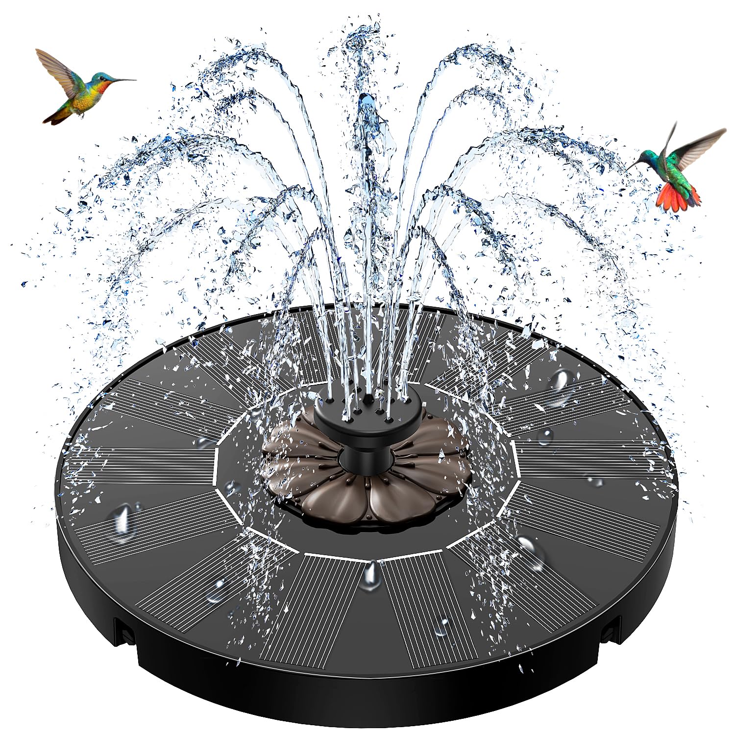 SZMP solar fountain in a sunny bird-bath setup attracting wildlife