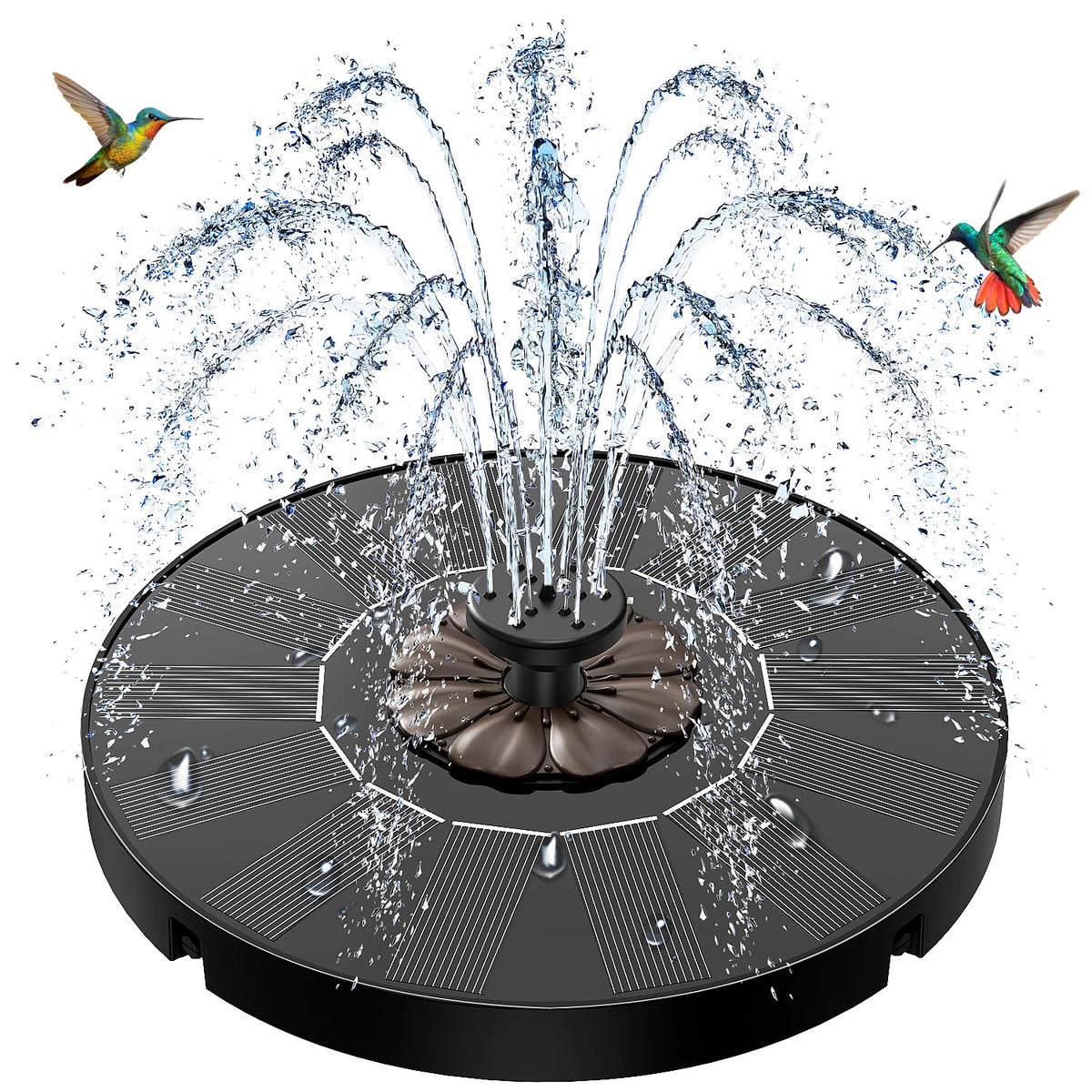 SZMP solar fountain in a sunny bird-bath setup attracting wildlife
