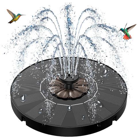 SZMP solar fountain in a sunny bird-bath setup attracting wildlife