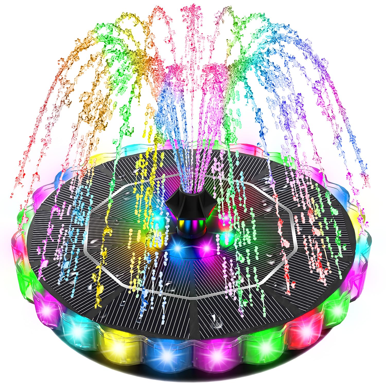 SZMP solar fountain in a birdbath with 3D center-edge illumination for vibrant evenings.