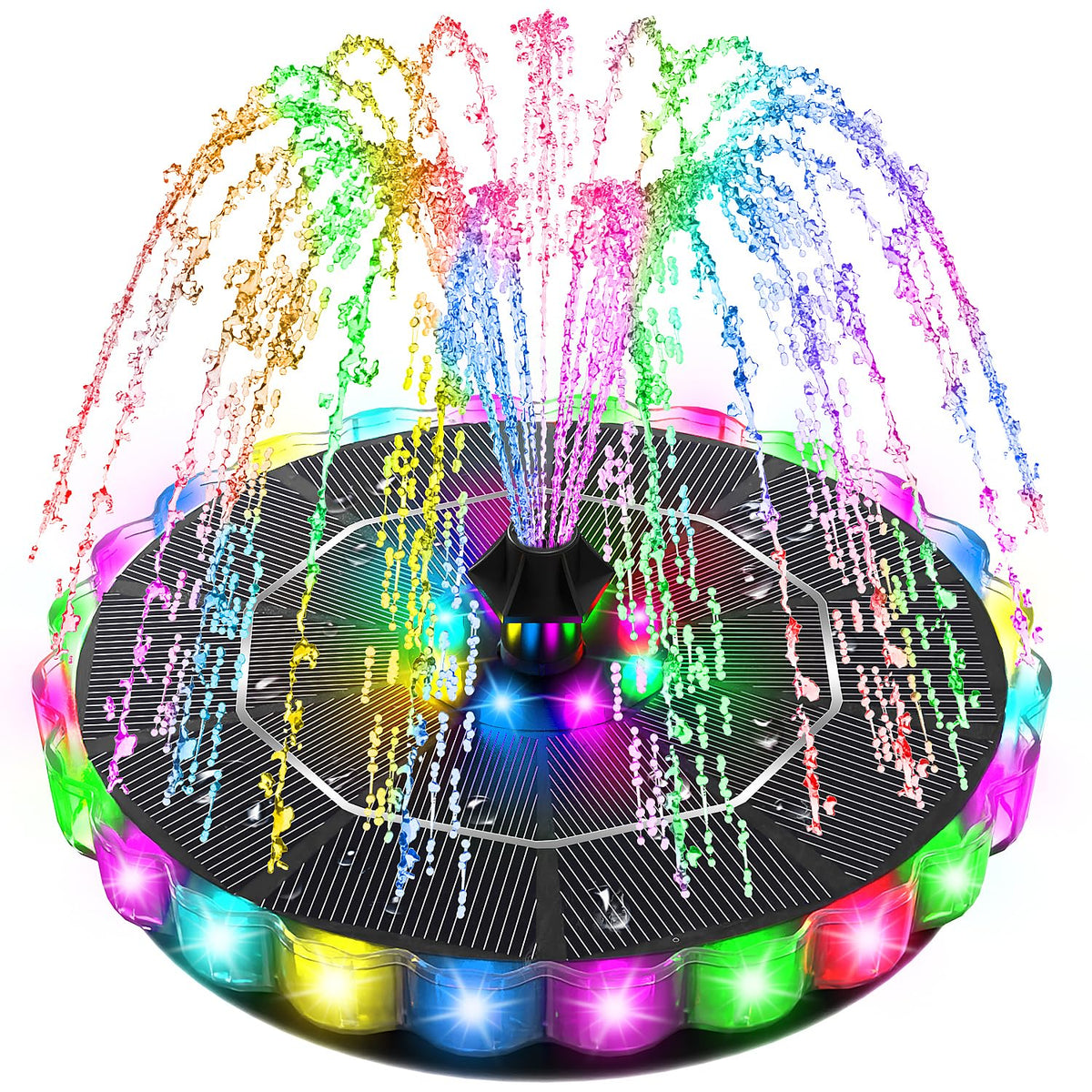 SZMP solar fountain in a birdbath with 3D center-edge illumination for vibrant evenings.