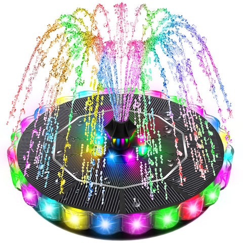 SZMP solar fountain in a birdbath with 3D center-edge illumination for vibrant evenings.