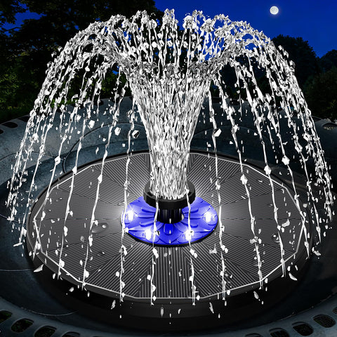SZMP solar fountain on pond surface showing seven-nozzle spray for bird attraction