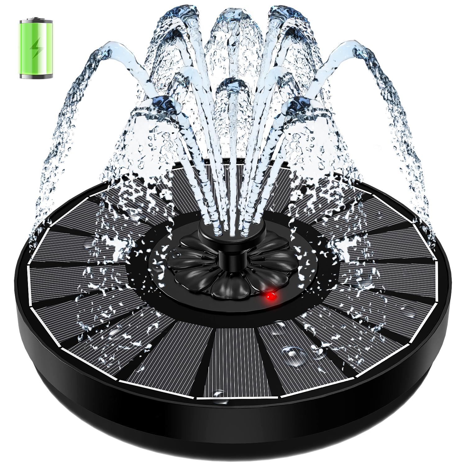 SZMP solar fountain with glass panel powering a serene bird bath in bright sun