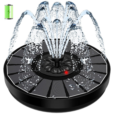 SZMP solar fountain with glass panel powering a serene bird bath in bright sun