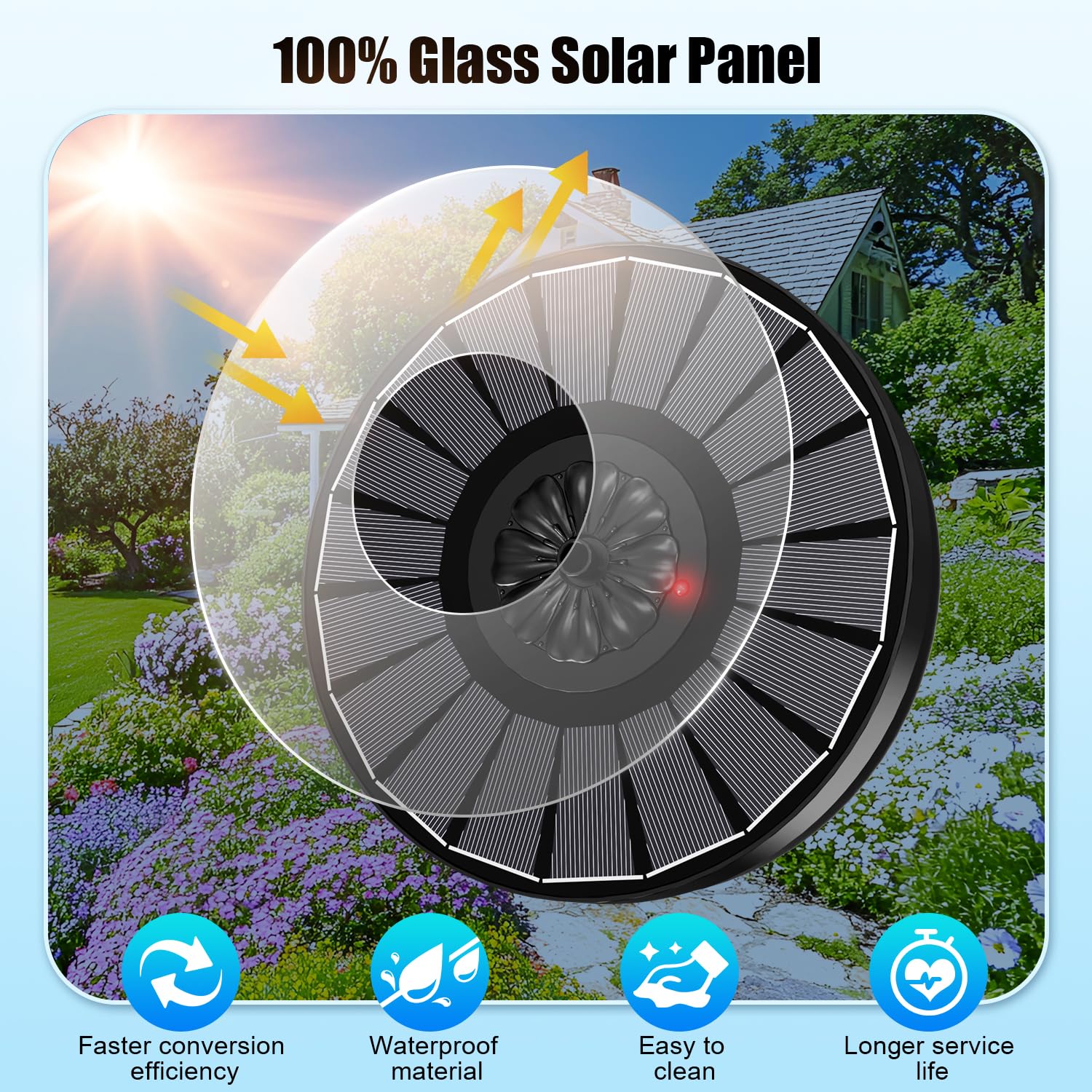 SZMP fountain's built-in battery indicates status with a simple light while charging in sun