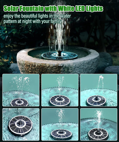 SZMP Solar Fountain LED night lighting enhances garden ambience after sunset