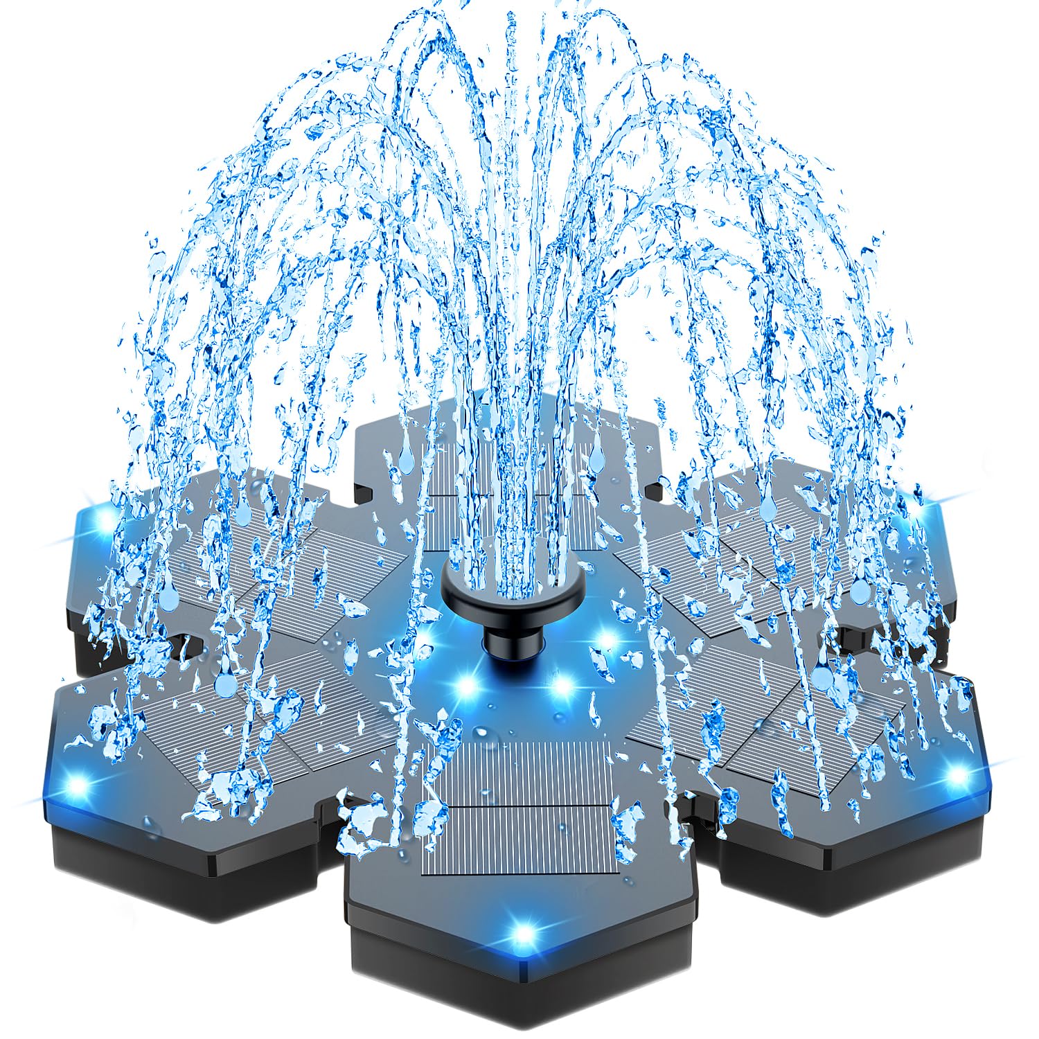 SZMP solar fountain showcasing the snowflake design with colorful LEDs at dusk