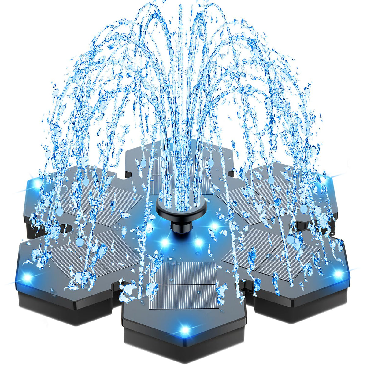 SZMP solar fountain showcasing the snowflake design with colorful LEDs at dusk