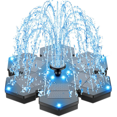 SZMP solar fountain showcasing the snowflake design with colorful LEDs at dusk