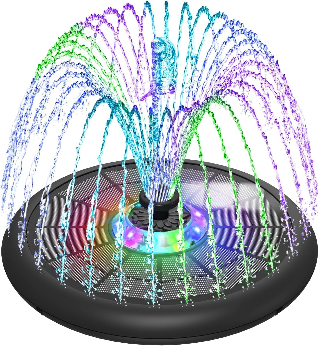 SZMP solar fountain with UFO lights enhances nighttime garden ambiance
