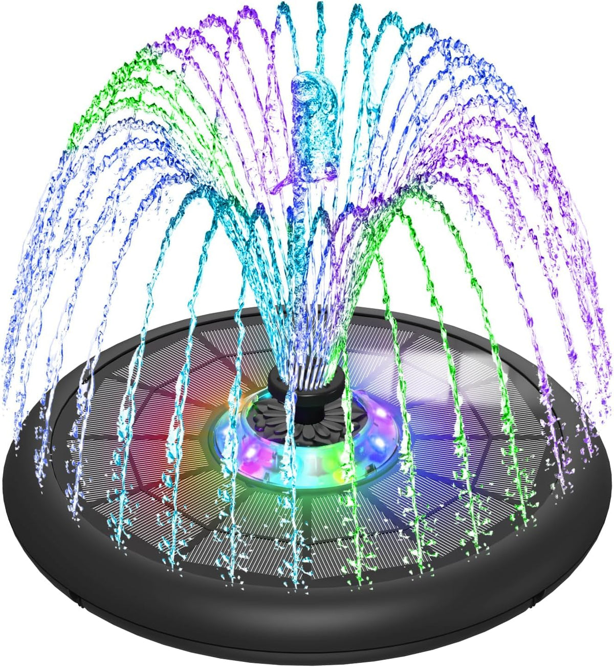 SZMP solar fountain with UFO lights enhances nighttime garden ambiance