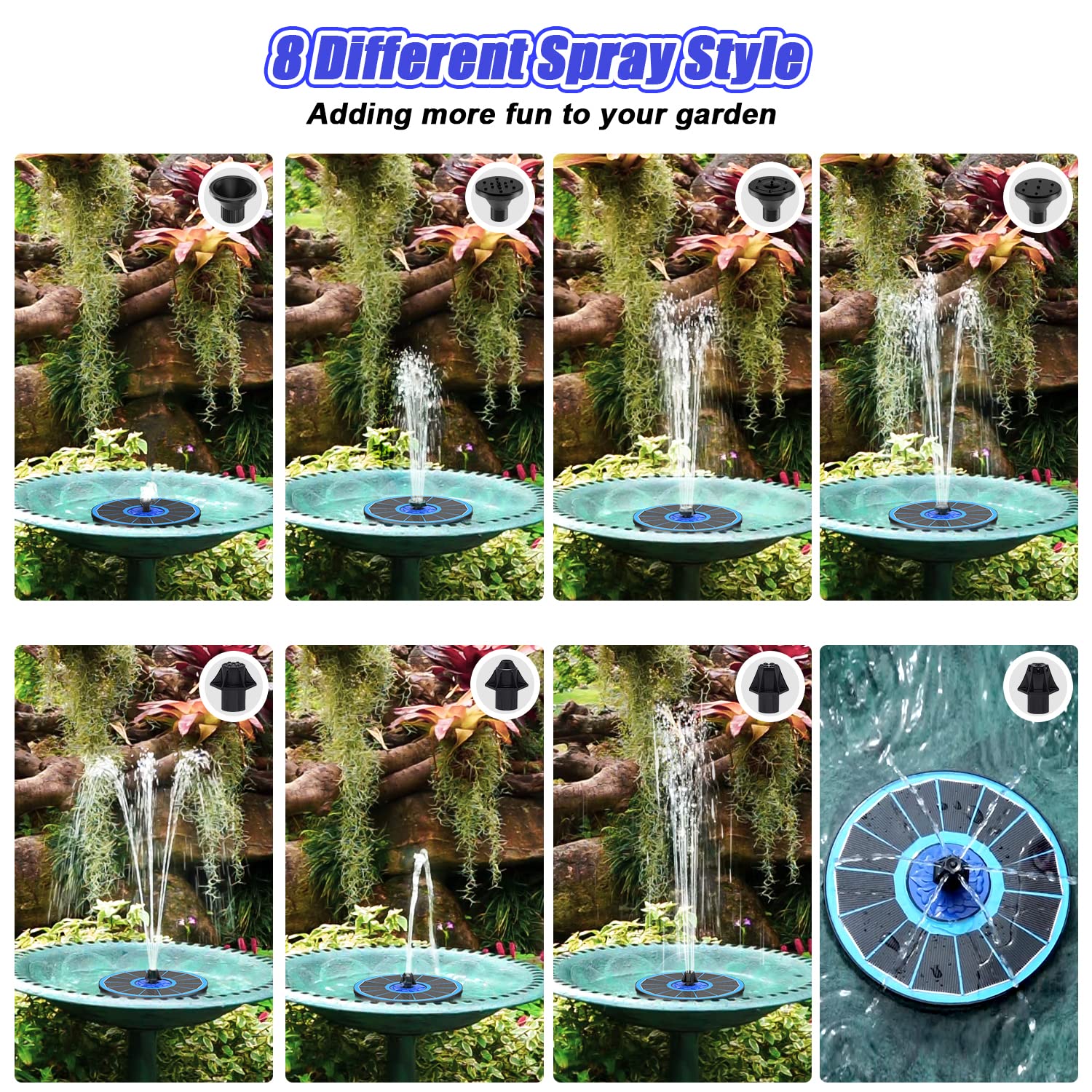 SZMP solar fountain upgrade birdbath-spray attracting birds to a refreshing bath