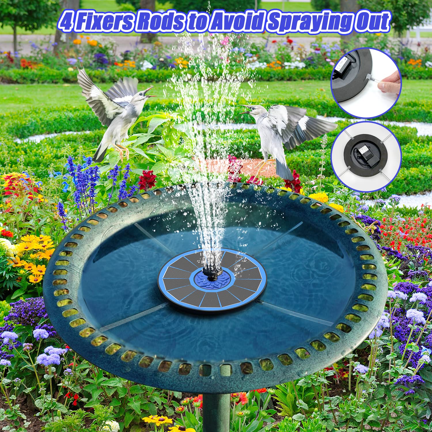 SZMP solar fountain upgrade spill-resistant-pipes stabilizing the unit on windy days