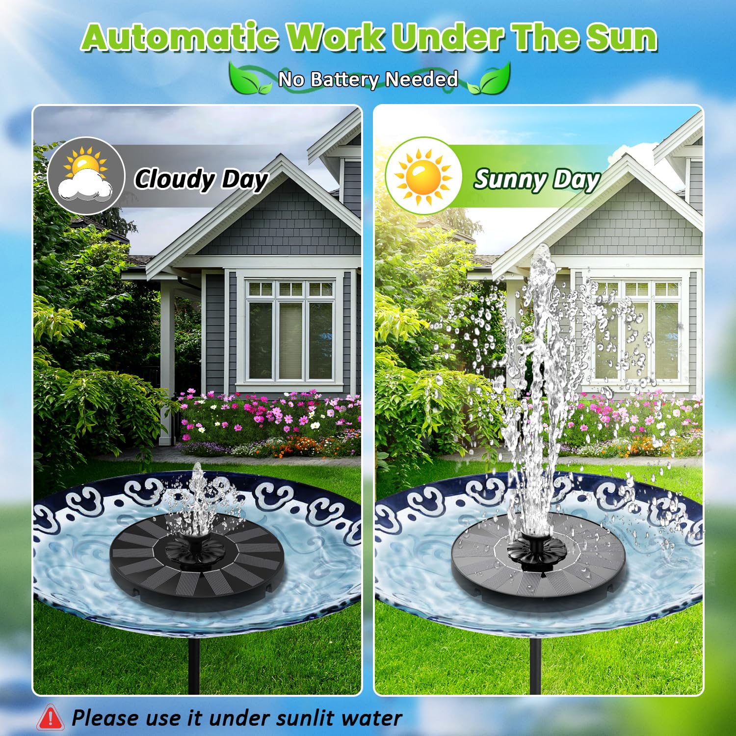SZMP Solar Fountain panel powers the feature cord-free for easy garden setups.