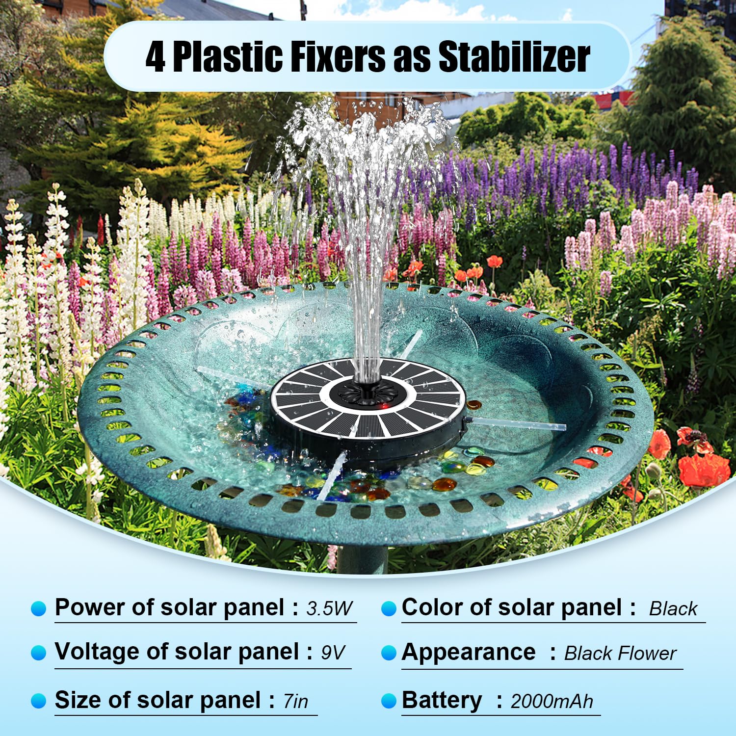 SZMP solar fountain battery backup compartment enables continuous operation
