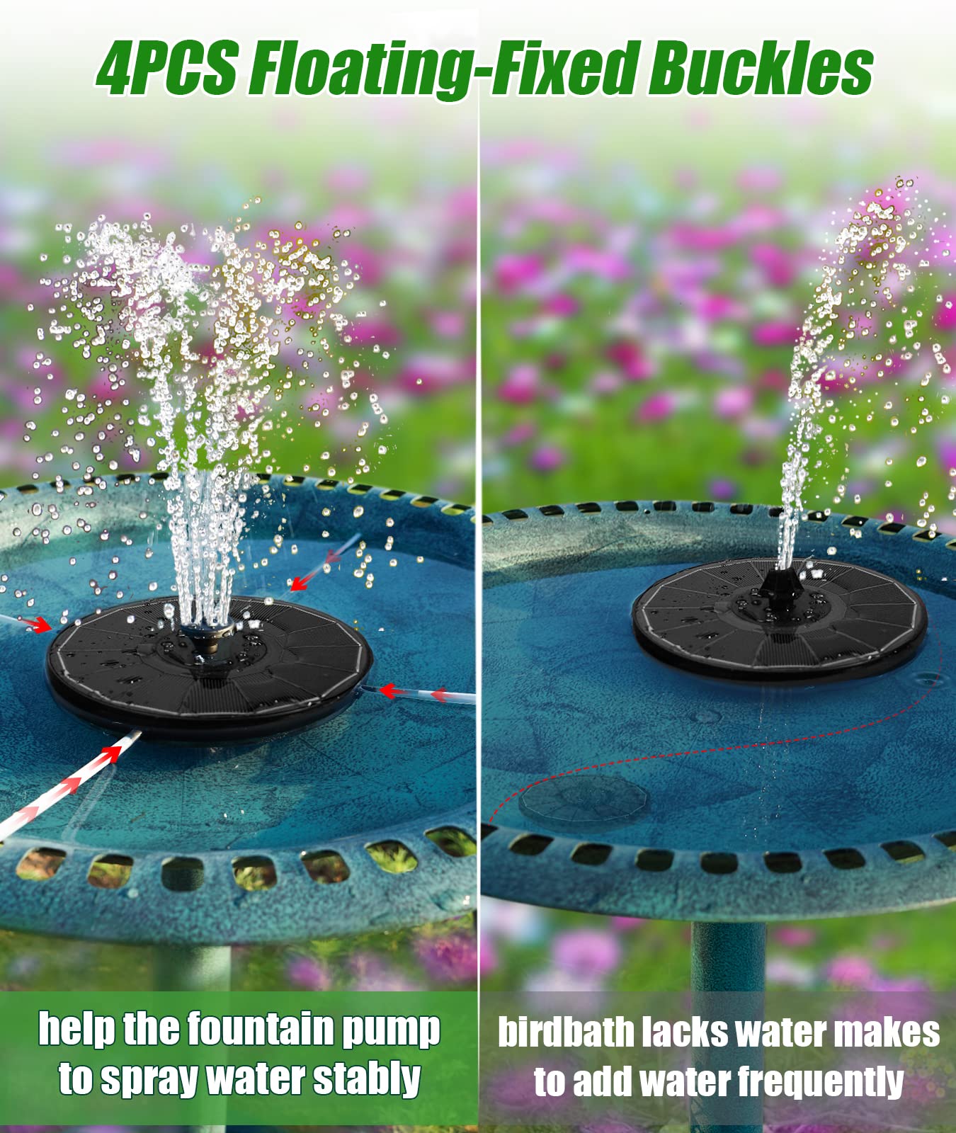 SZMP solar fountain ideal for bird baths and small ponds in outdoor spaces.