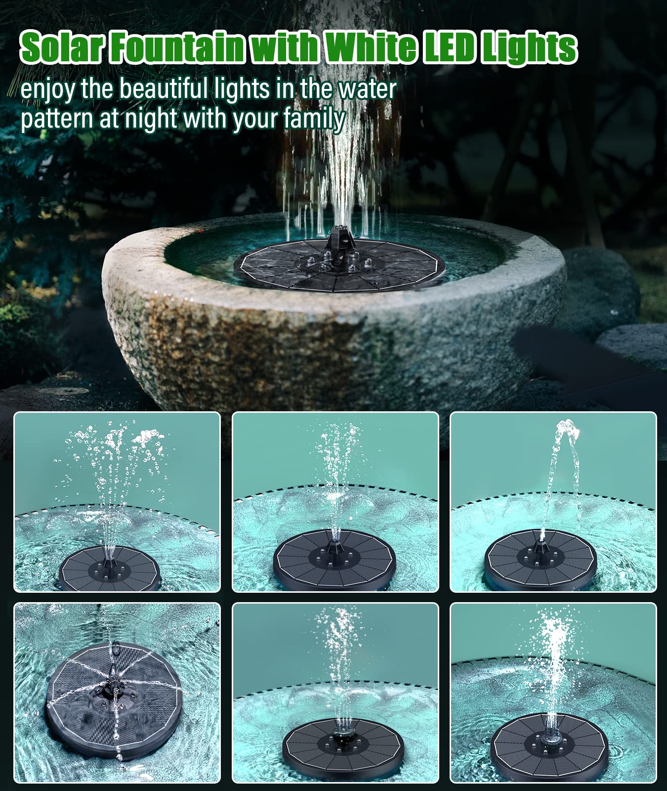 SZMP solar fountain with LED lights enhances nighttime water display for gardens.