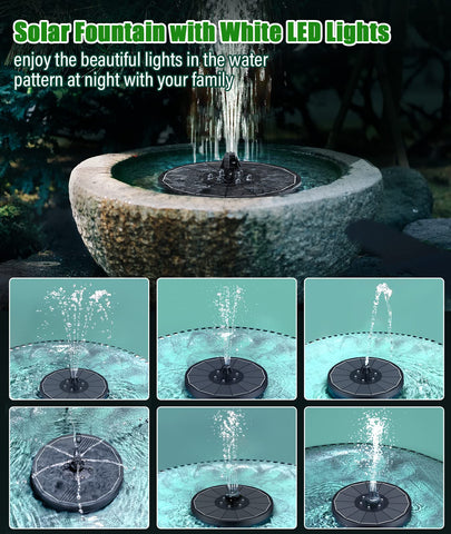SZMP solar fountain with LED lights enhances nighttime water display for gardens.