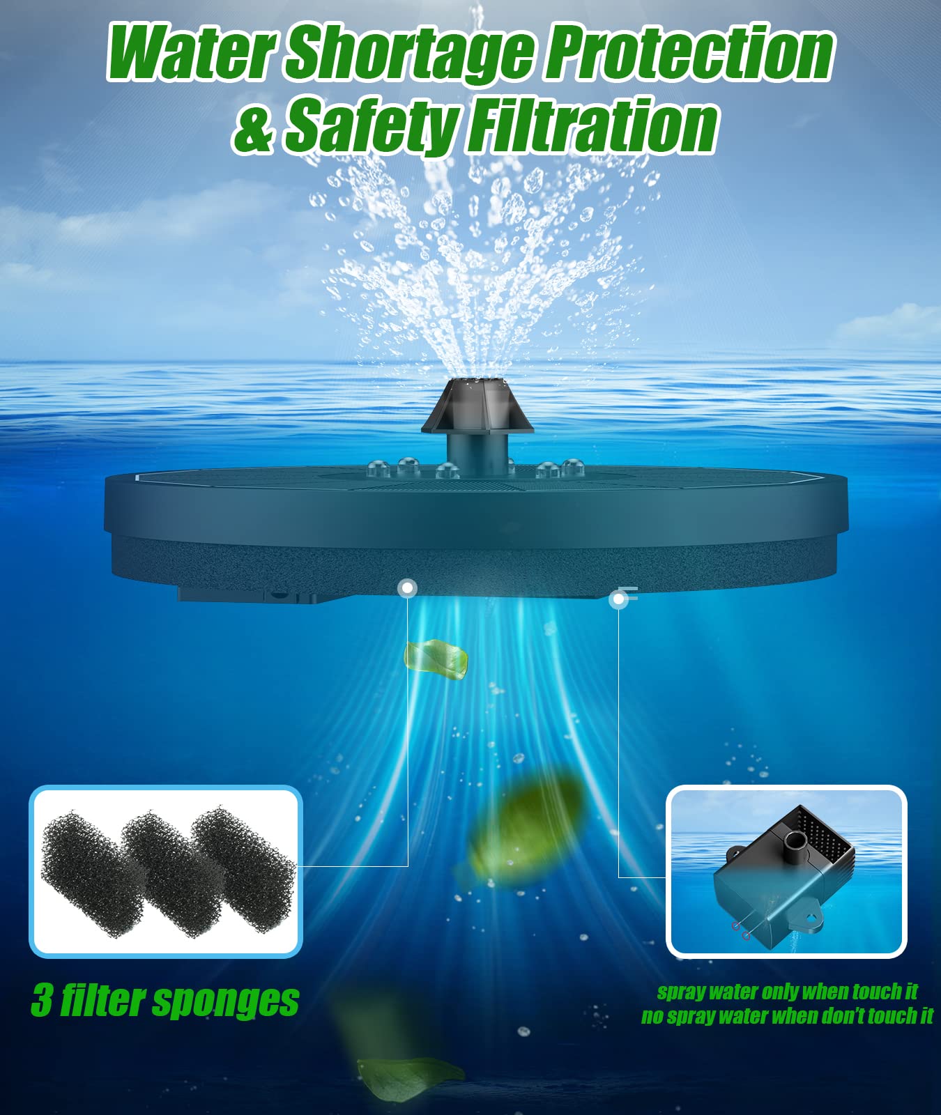 SZMP solar fountain for outdoor ponds and gardens with steady spray under sunlight.