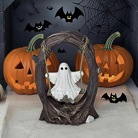 T Starlight Bright Q swinging ghost on a rustic tree swing elevates shelves and displays.