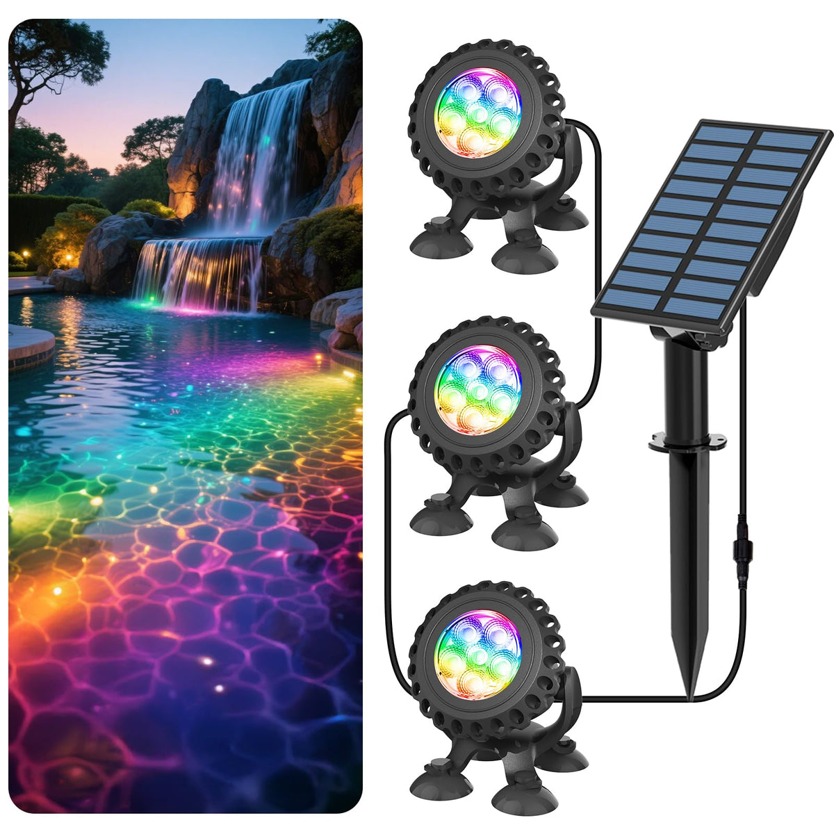 T-SUN Solar Pond Lights illuminate underwater features with vivid RGB colors.