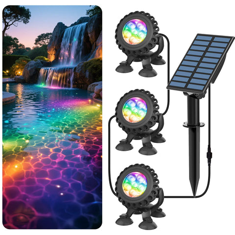 T-SUN Solar Pond Lights illuminate underwater features with vivid RGB colors.