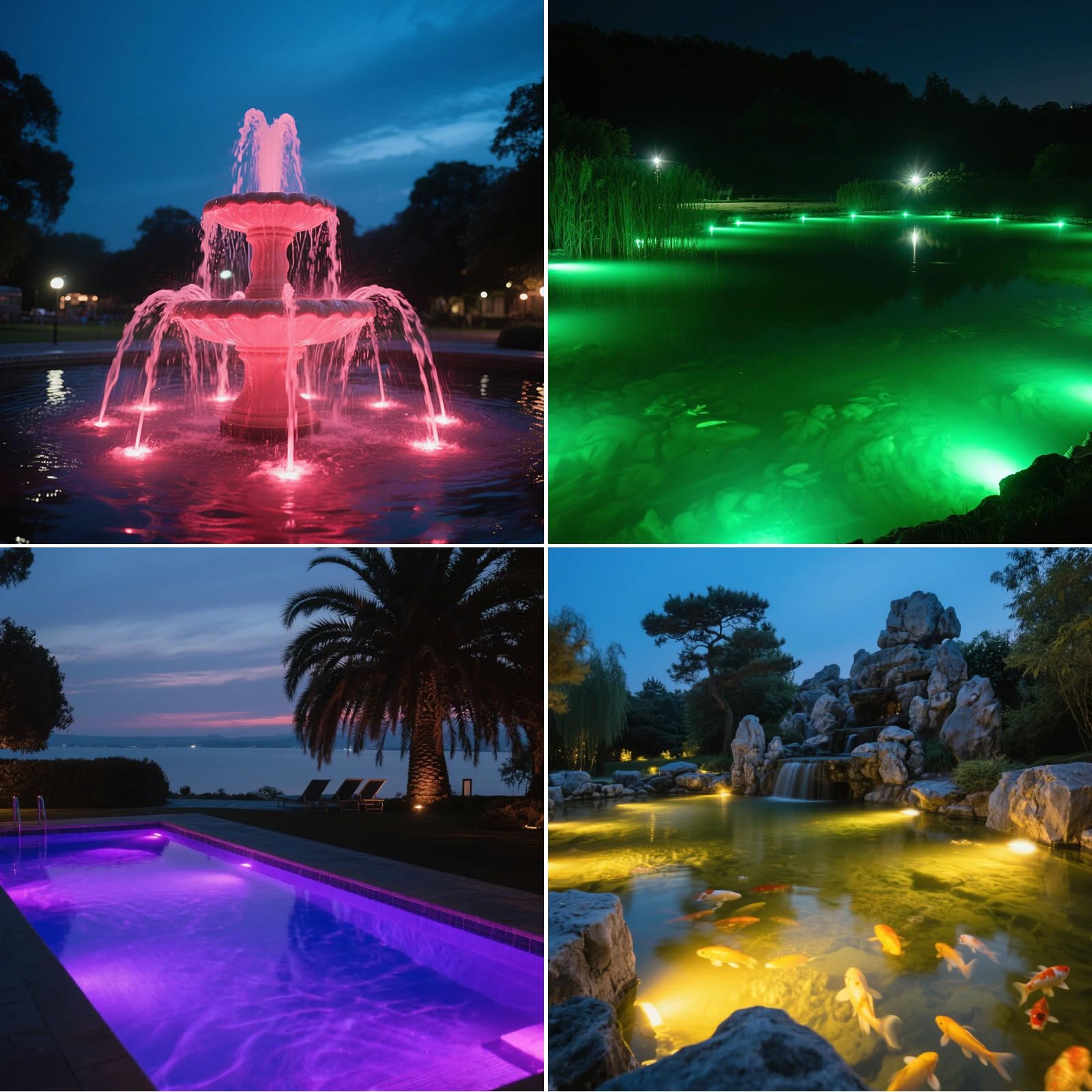 T-SUN submersible lights illuminate a fountain scene.