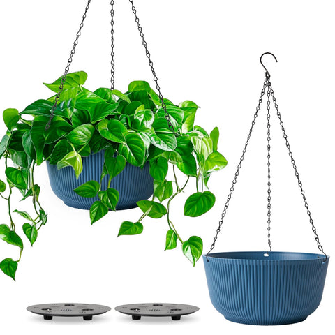T4U 12-inch blue hanging planter pair for outdoor décor with self-watering design.