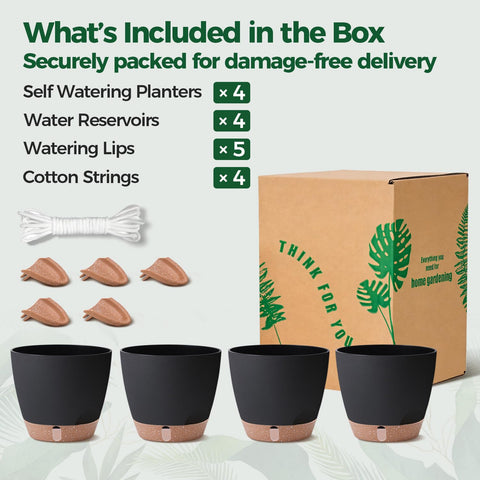 T4U four-pack of 6-inch self-watering pots arranged for cohesive display.