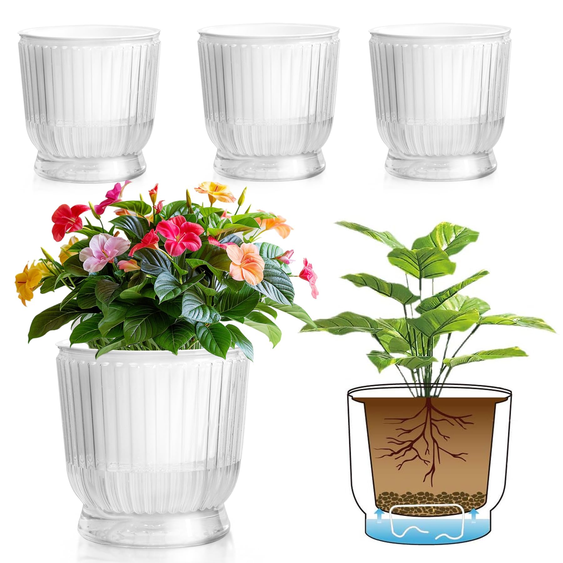 T4U 6-inch self-watering pot with clear reservoir for easy moisture monitoring and plant care.