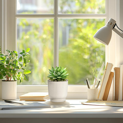 T4U white pot pair showcasing multiple plants, elegant home display